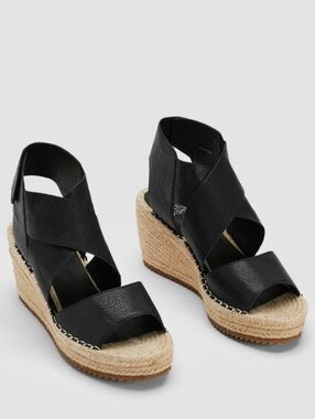 Eileen Fisher Willow Black Leather Crisscross Espadrille Wedge Sandals